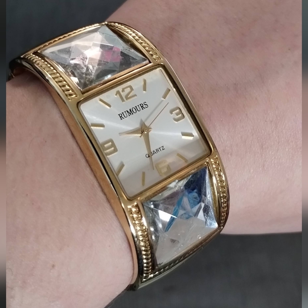 Rumours Bangle Bracelet Quartz Watch Hinge Open/Close & Large Square Rhinestones - Picture 8 of 13